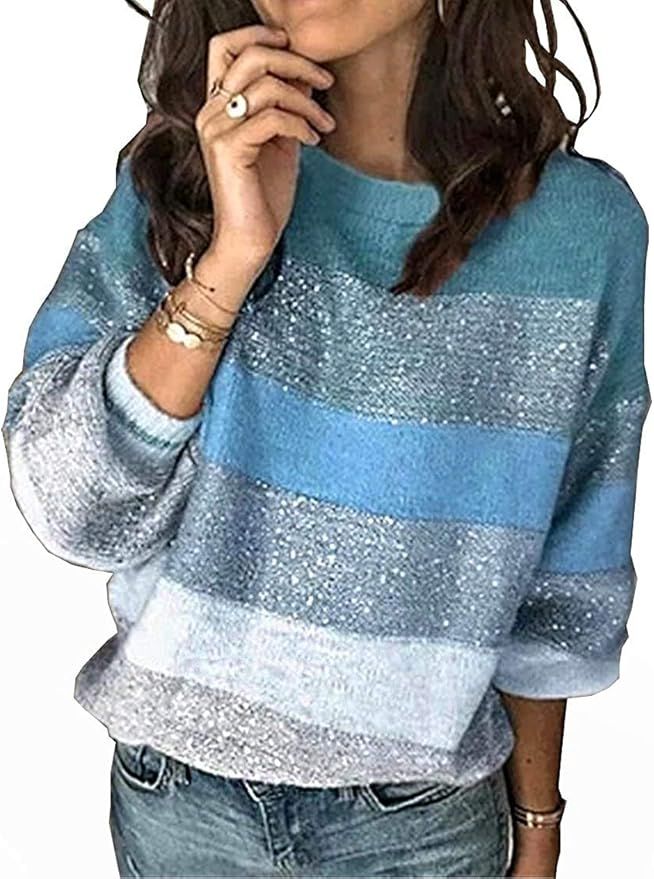 Margrine Women’s Fashion Long Sleeve Striped Color Block Knitted Sweater Crew Neck Loose Pullov... | Amazon (US)