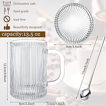 14 oz Clear Glass Mug with Lid and Spoon Classical Vertical Stripes Tea Mugs Ribbed Iced Coffee C... | Amazon (US)