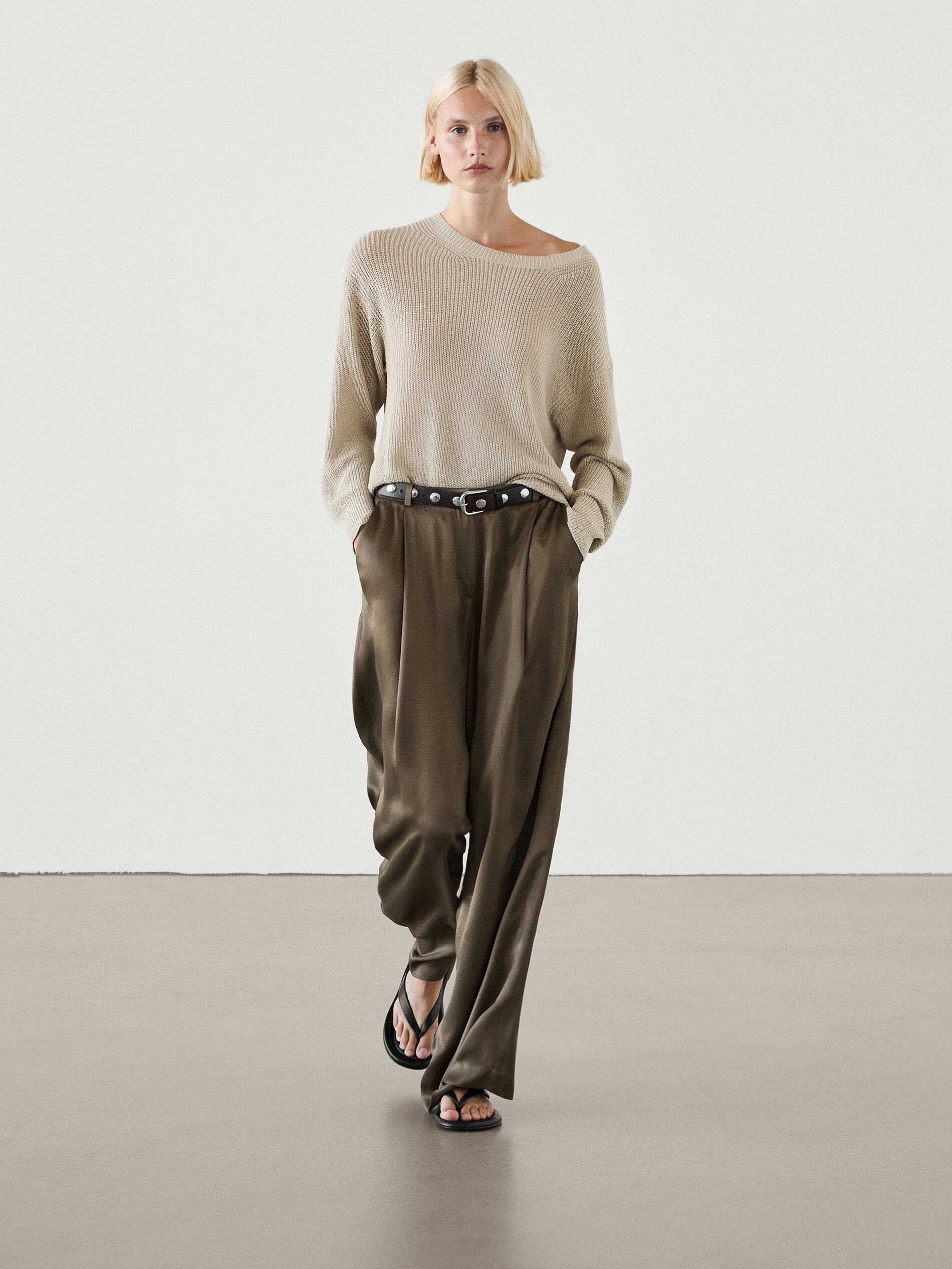 Darted satin wide-leg trousers | Massimo Dutti UK