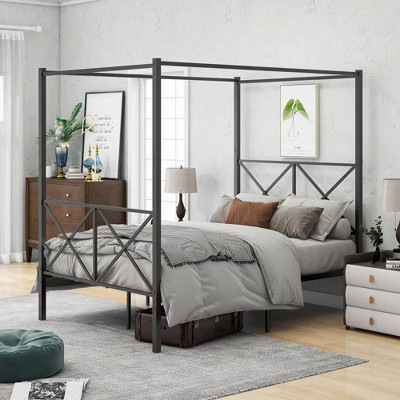 CLIHOME Metal Canopy Bed Frame, Platform Bed Frame with X Shaped Frame in Black | Target