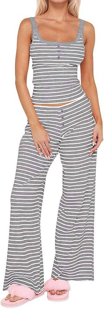Ythomm Womens Striped 2 Piece Lounge Outfits Scoop Neck Tank Tops Wide Leg Pants Pajama Sets Cozy... | Amazon (US)