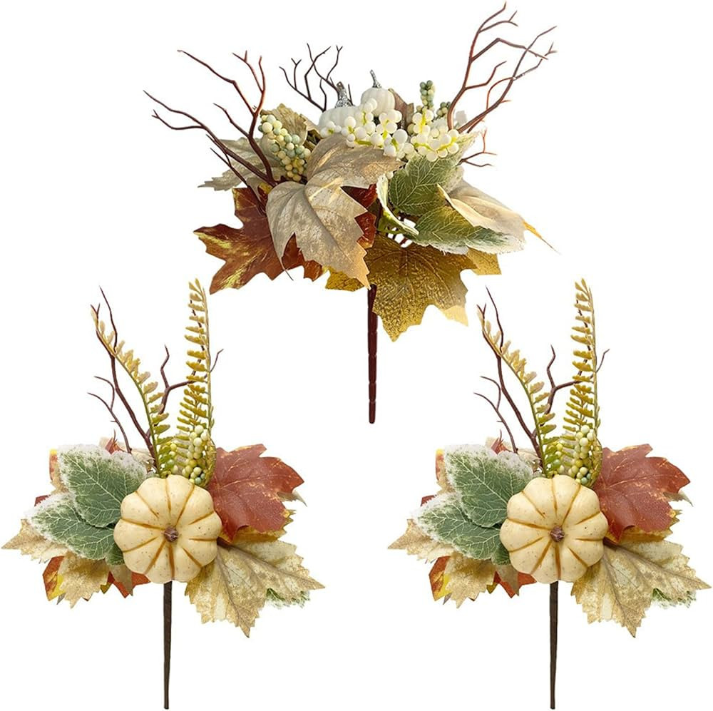 3 Pcs Fall Floral Picks Artificial White Pumpkin Maple Leaf Branch with Berry Autumn Picks Maple ... | Amazon (US)