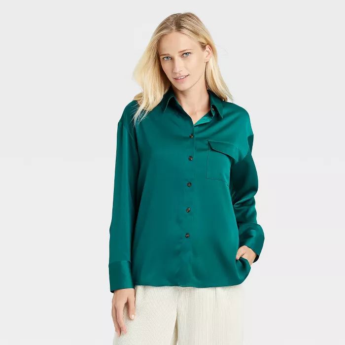 Women's Long Sleeve Button-Down Satin Shirt - Who What Wear™ | Target