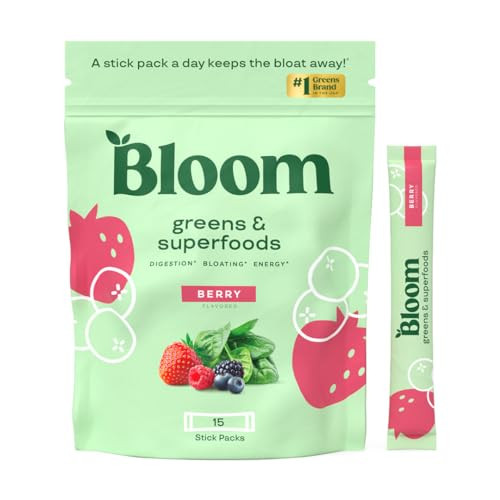 Bloom Nutrition Superfood Greens Powder Stick Packs, Digestive Enzymes with Probiotics and Prebiotics, Gut Health, Bloating Relief for Women, Chlorella, Green Juice Mix, 15 SVG, Berry | Amazon (US)