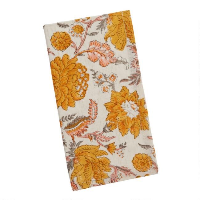White and Orange Floral Block Print Napkin Set of 2 | World Market