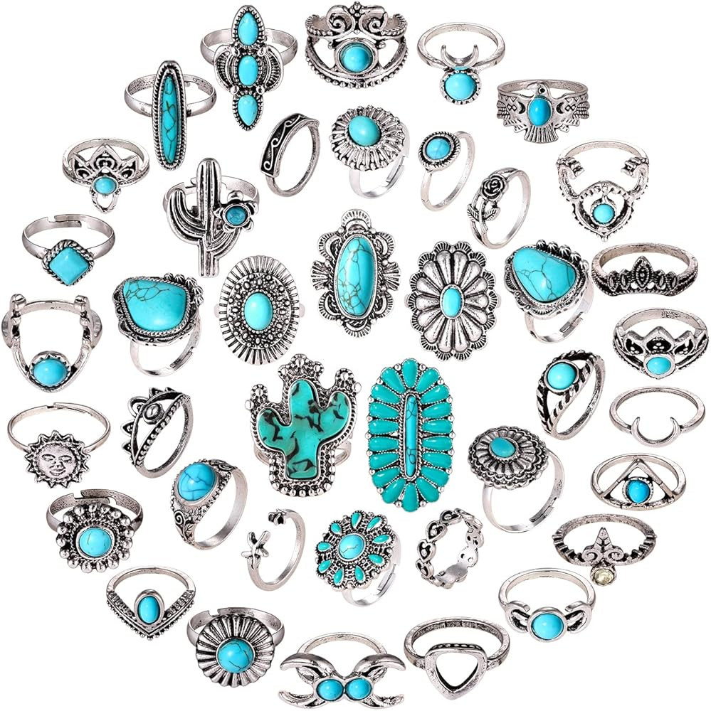 BVGA 40 Pcs Vintage Turquoise Rings for Women Bohemian Silver Oval Gemstone Rings Western Rings B... | Amazon (US)