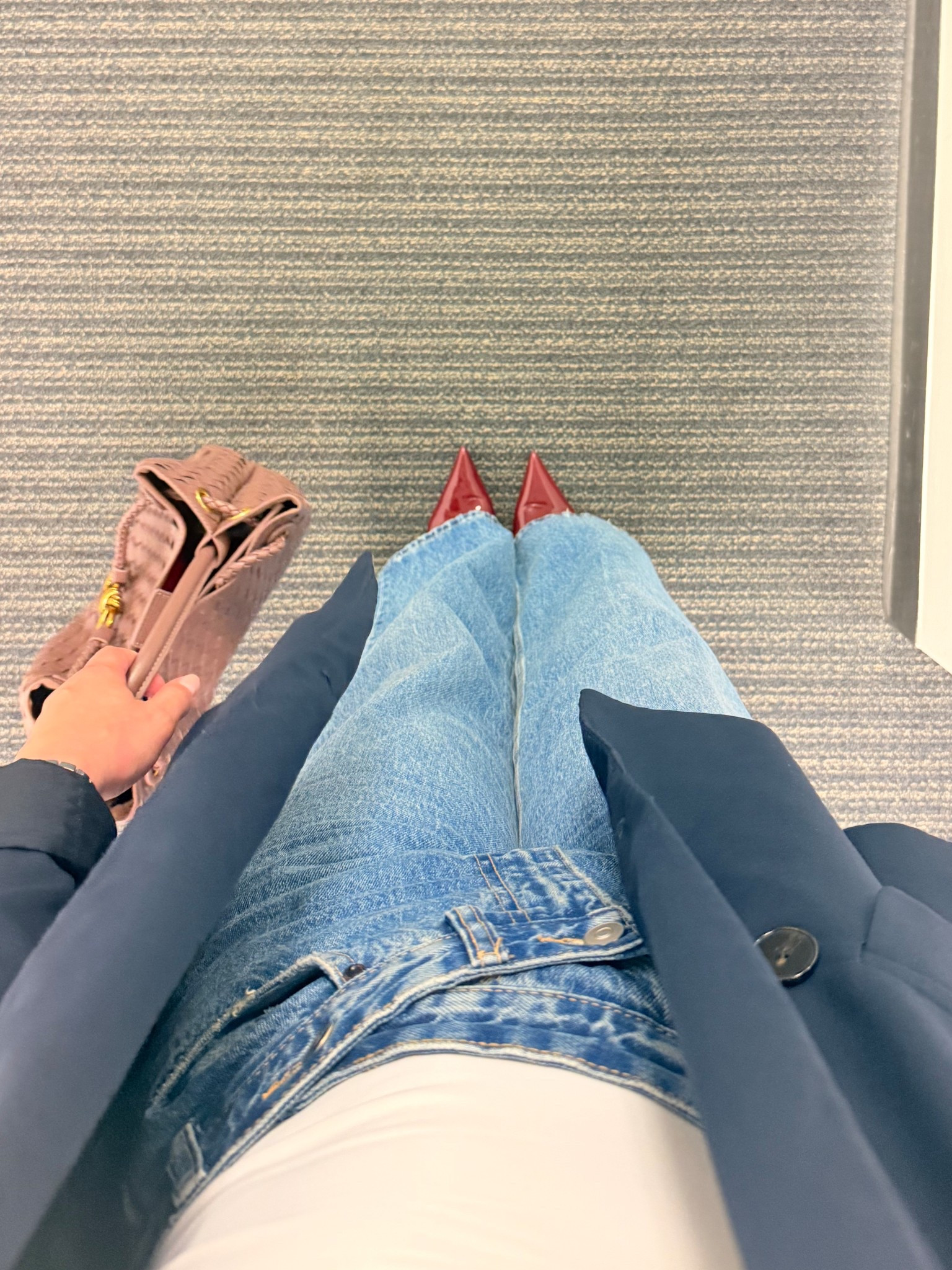 Casual corporate work outfit blue crossed waist jeans burgundy pumps blue blazer white squared neck bodysuit 

#LTKItBag #LTKFindsUnder100 #LTKU
