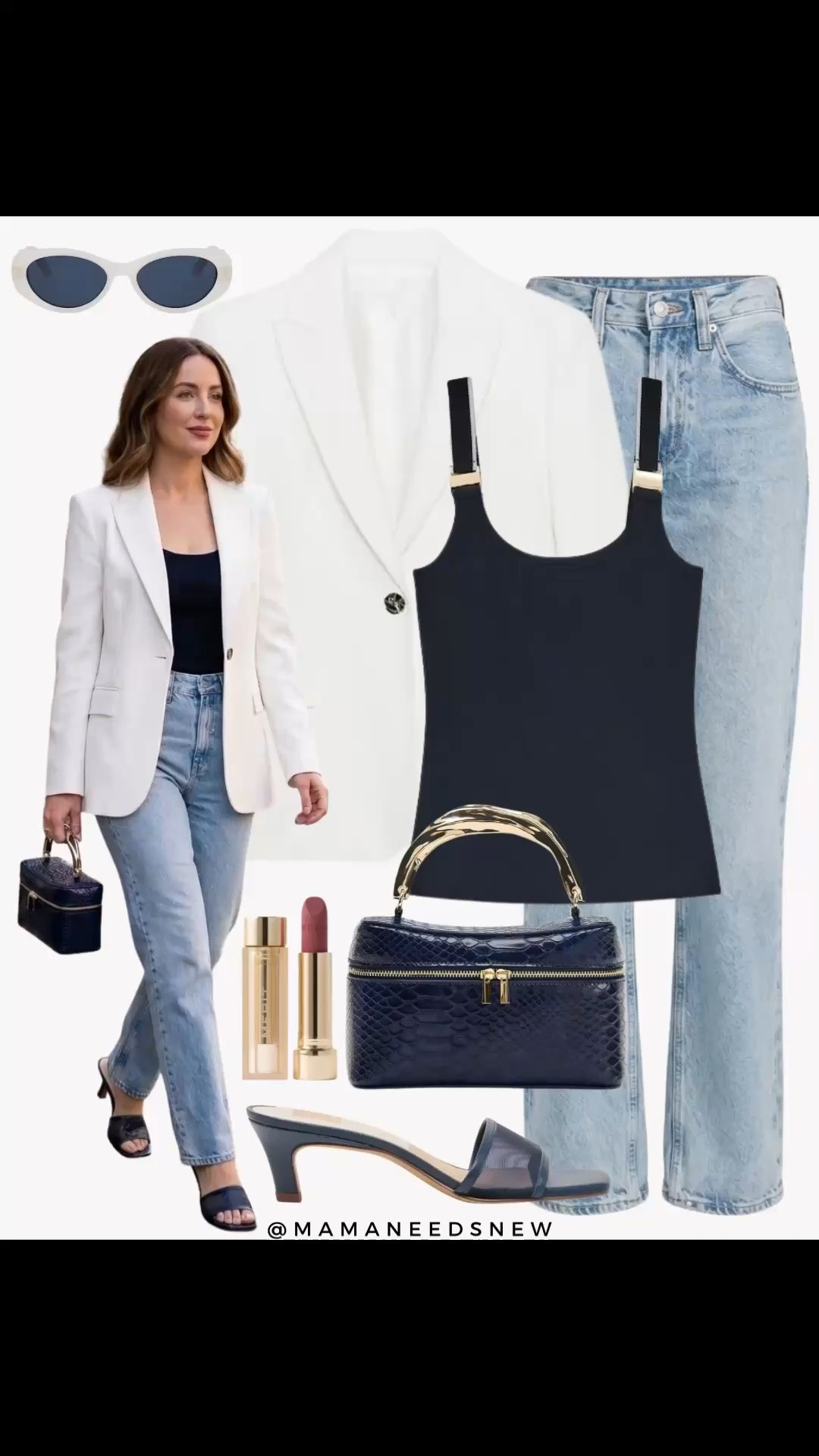 A late spring to early summer outfit with a blazer, tank top, jeans, top handle bag, mule heels 💙🤍

#LTKootd #LTKSeasonal #LTKSaleAlert