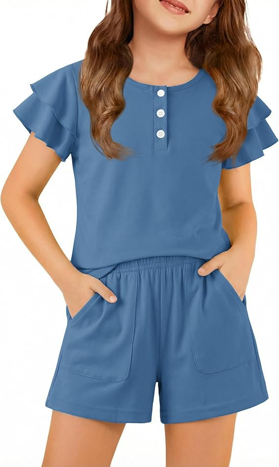 Arshiner Girls Summer Outfits 2 Piece Sets Ruffle Short Sleeve Button Down Shirts and Shorts Set ... | Amazon (US)