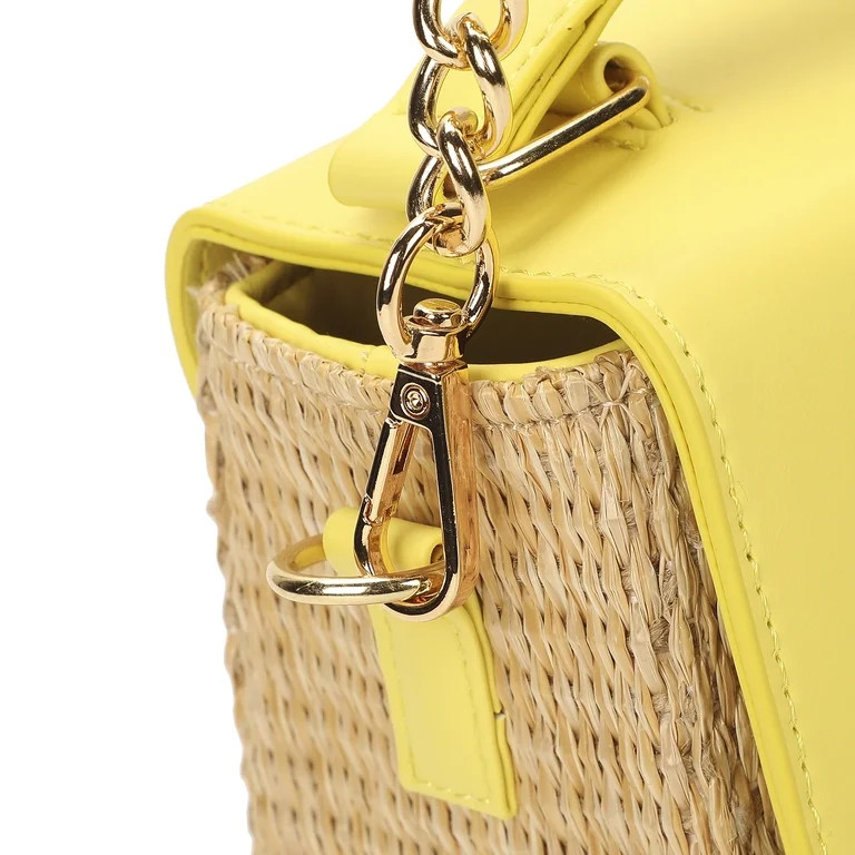 Packed Party Women's Woven Straw Crossbody Bag with Faux Leather Scallop and Chain Strap, Yellow | Walmart (US)