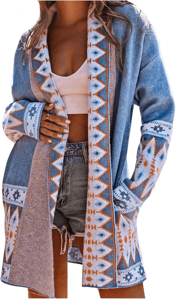 Women's Open Front Long Sleeve Cardigans Shirt Geo Pattern Casual Loose Knit Sweater with Pocket | Amazon (US)