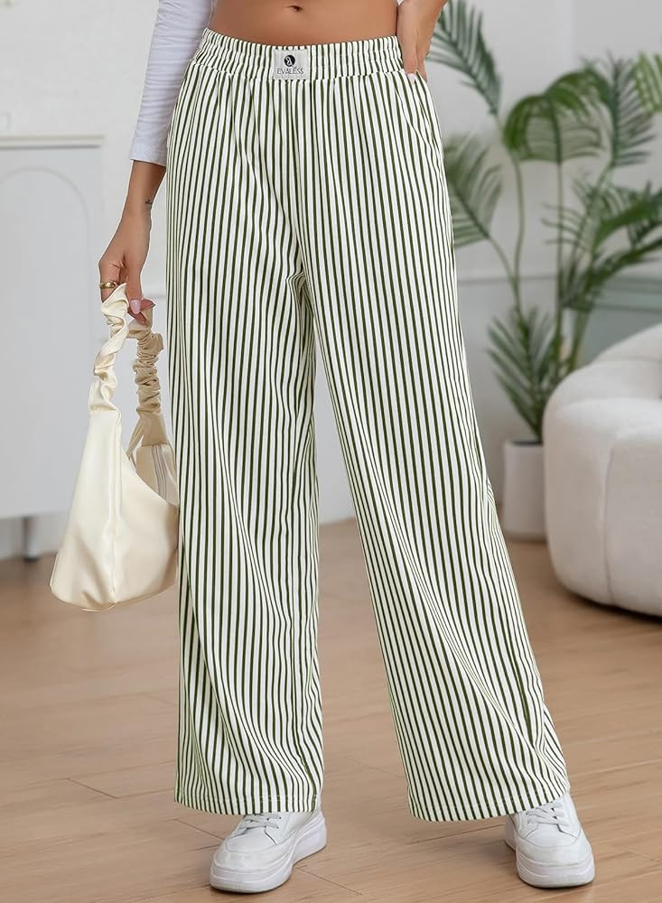 EVALESS Women's Striped Pants Spring Summer 2026 Comfy Pajama Pants High Waist Wide Leg Lounge Pa... | Amazon (US)