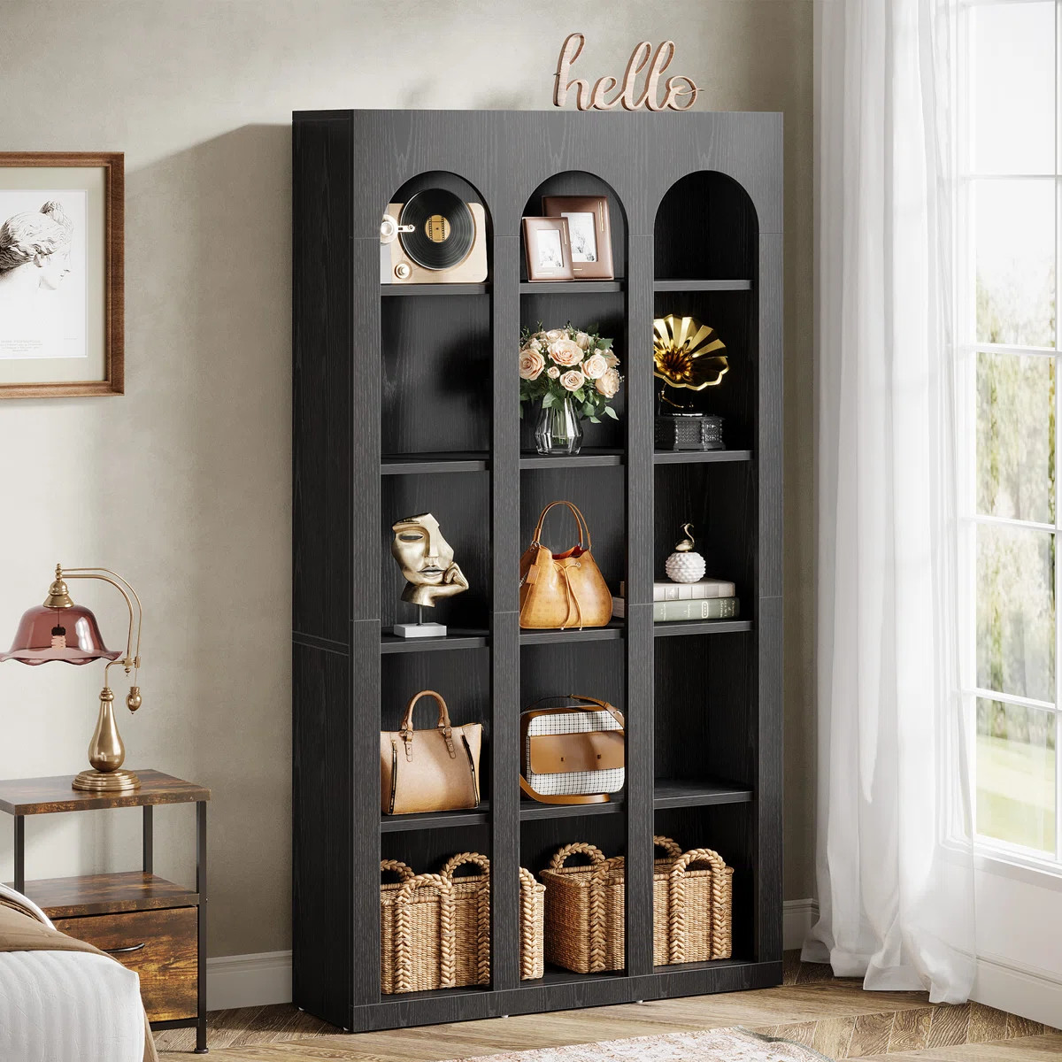 5-Tier 39.37" W X 70.87" H Modern Black Wood Farmhouse Home Office Tall Bookshelf Bookcase Open L... | Wayfair North America