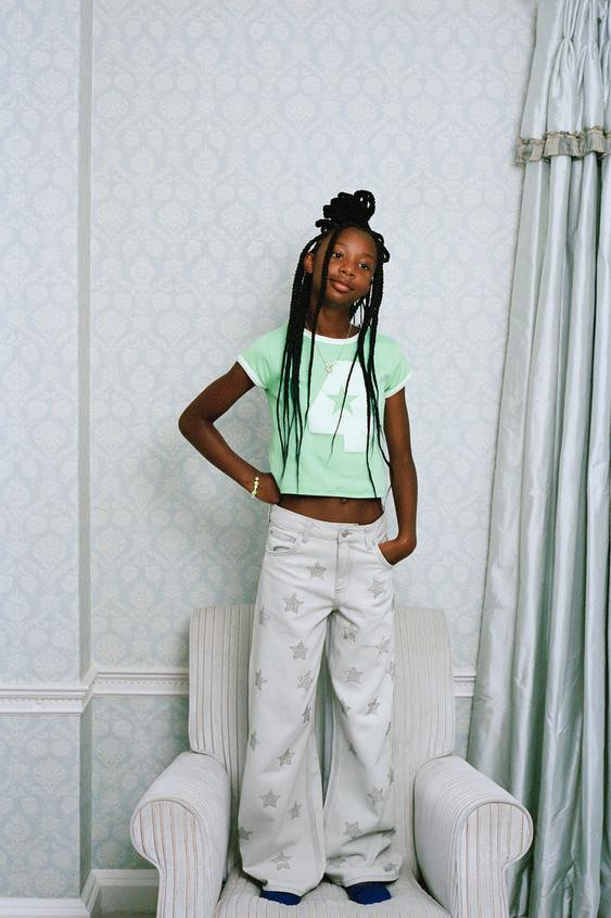 Zara - Star Print Studded Wide Leg Jeans - Gray Marl - 13-14 Years (64,6 Inches) - Kids | Zara US