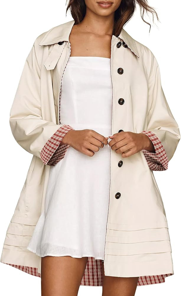 Women Reversible Gingham Trench Coat Lightweight Mid-Length Overcoat | Amazon (US)