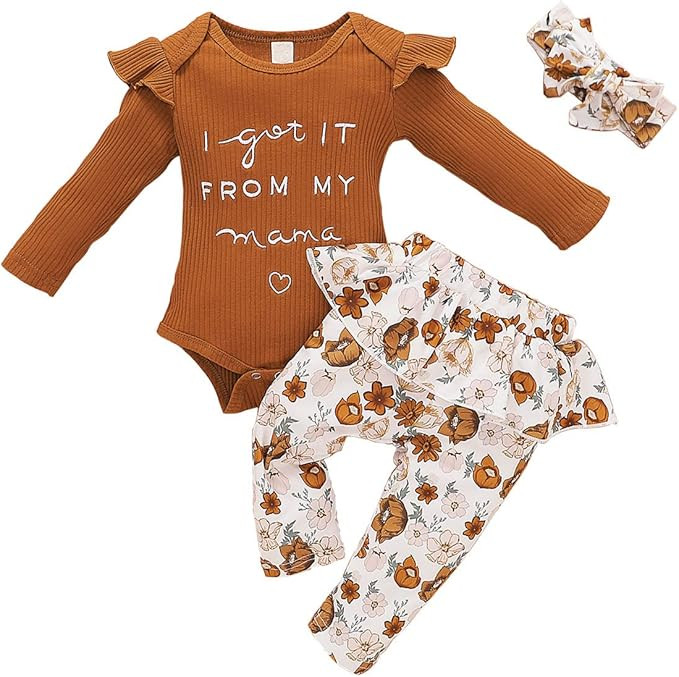 BRICUTESK Toddler Girls Outfit Fall Clothes Romper+ Floral Long Pant +Floral Headband 3pcs Outfit | Amazon (CA)