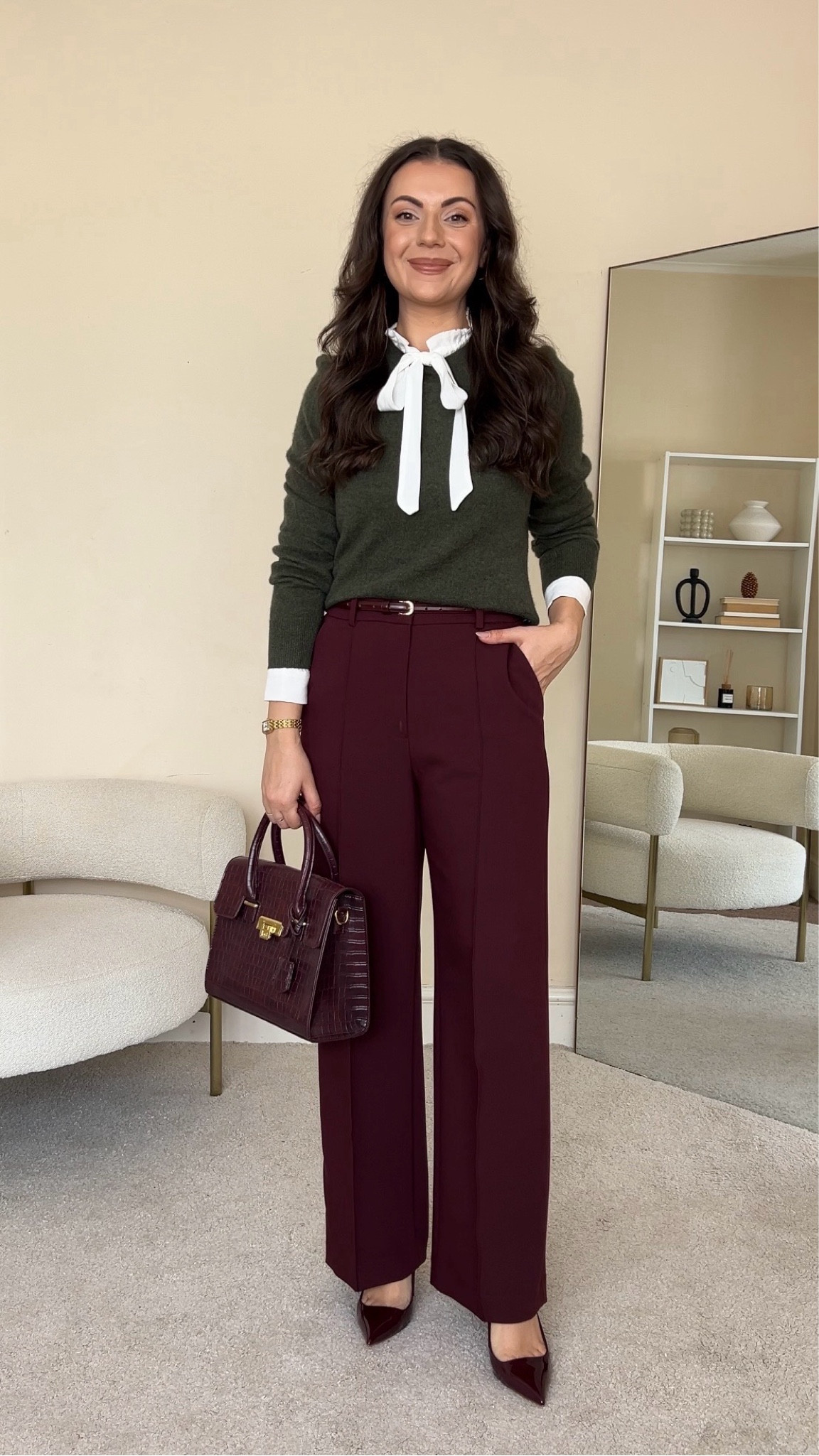 Styling burgundy trousers for workwear. Blouse is old from Mango, I’ve linked similar. Trousers are H&M, wearing size UK10. Jumper is John Lewis, wearing size UK8.

#LTKworkwear #LTKuk #LTKwinter