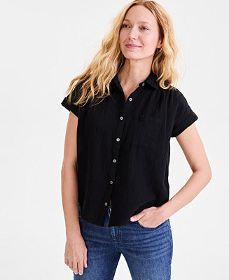 Women's Cotton Gauze Short-Sleeve Button Up Shirt | Macy's