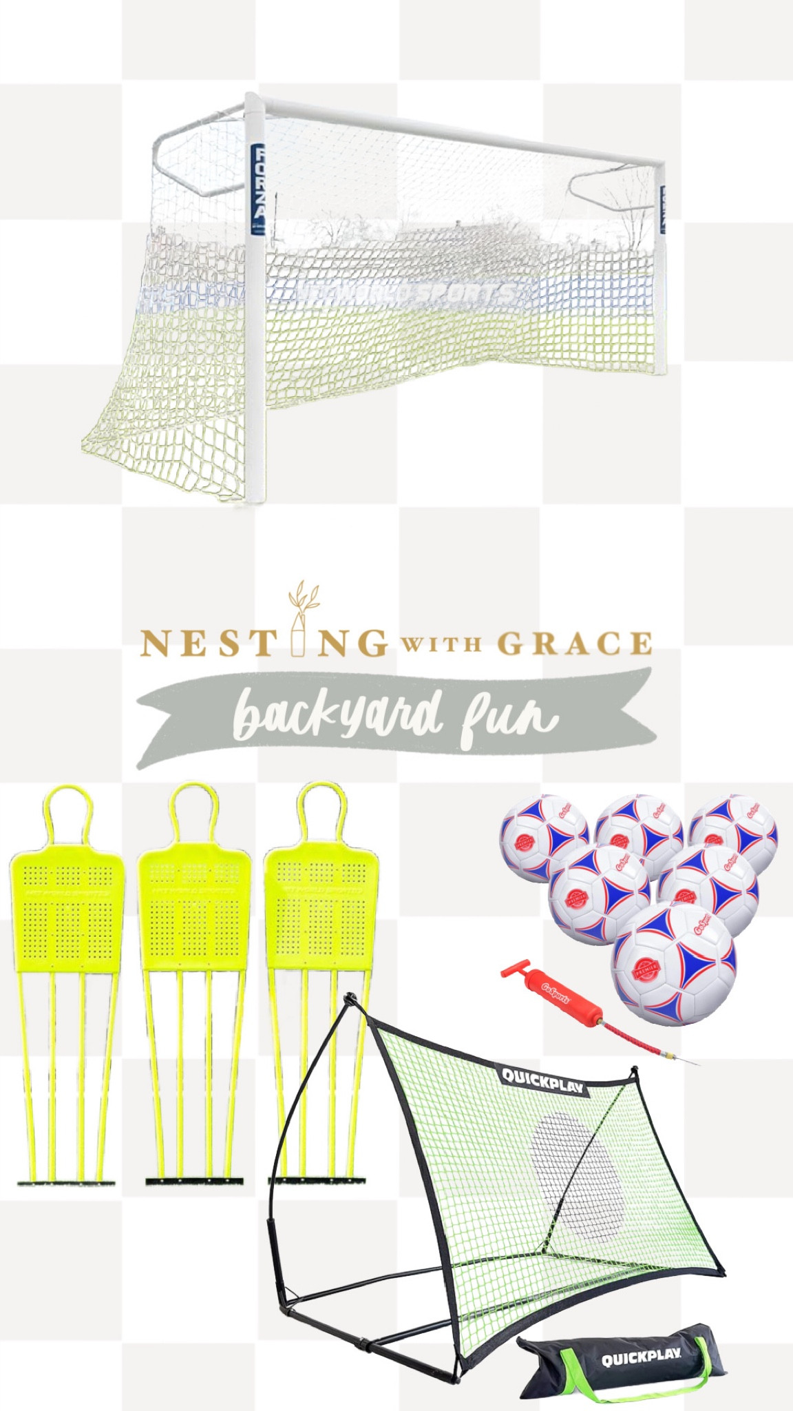 Soccer favorites! Her net is a professional net, linked options 

This is Ella’s-
https://www.anthem-sports.com/kwik-goal-8-x24-deluxe-european-club-soccer-goal-each.html