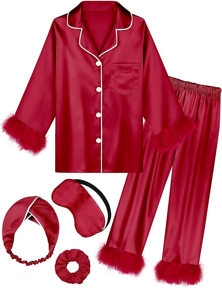 EPLAZA Kids Satin Pajamas for Girls Silk Pajamas Set 2-Piece Feather Long Sleeve Button Down Pjs ... | Amazon (US)