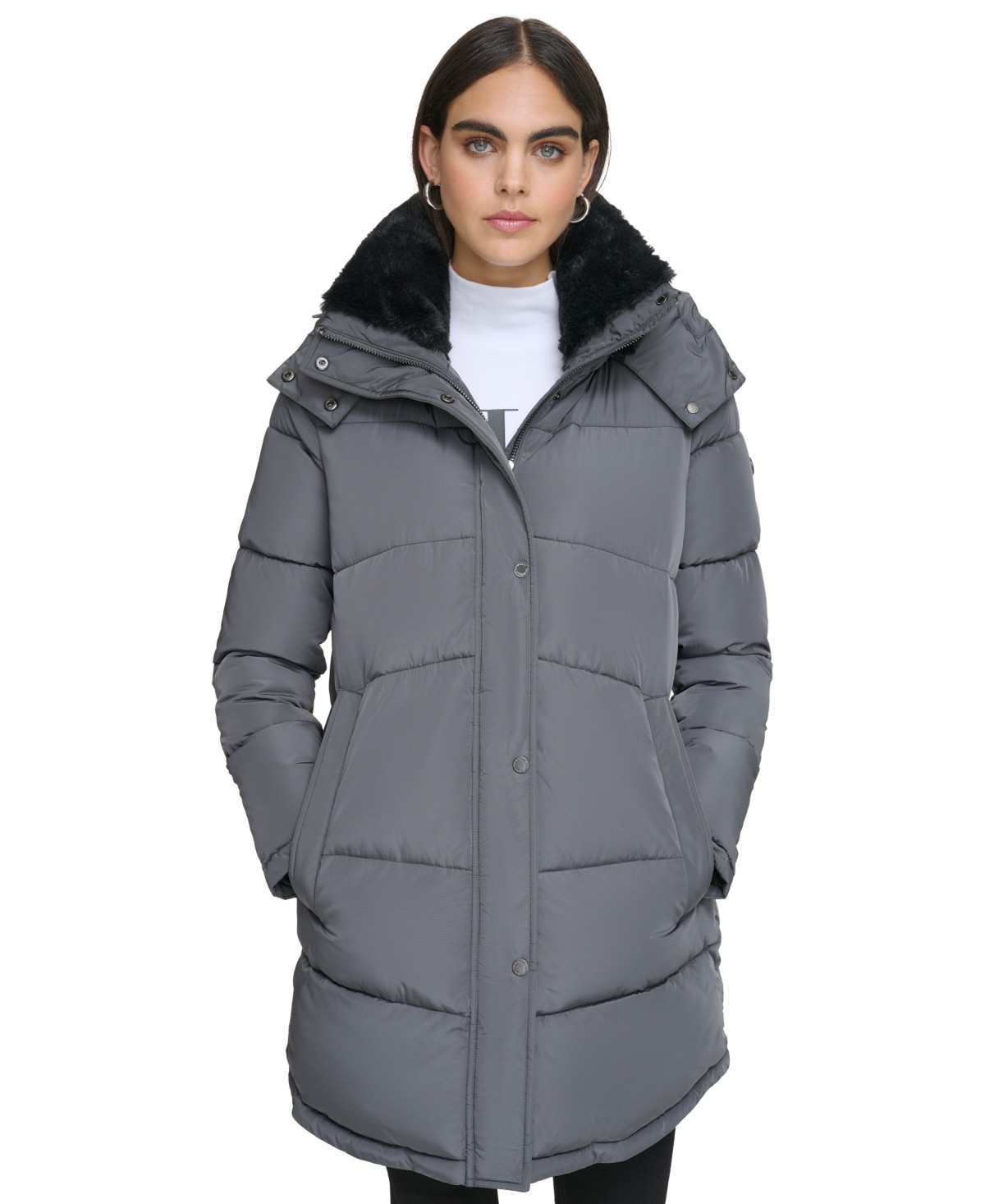 Calvin Klein Women's Faux-Fur-Trim Hooded Puffer Coat, Created for Macy's - Titanium | Macy's