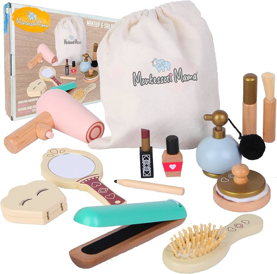 Montessori Mama Makeup and Salon Set - Wooden Pretend Play Beauty Play Makeup Kit with Styling To... | Amazon (US)
