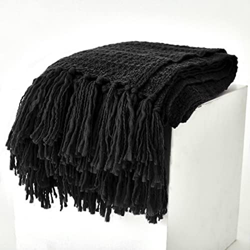 Thick Chunky Black Knit Throw Blanket for Couch Chair Sofa Bed, Chic Boho Style Textured Basket W... | Amazon (US)