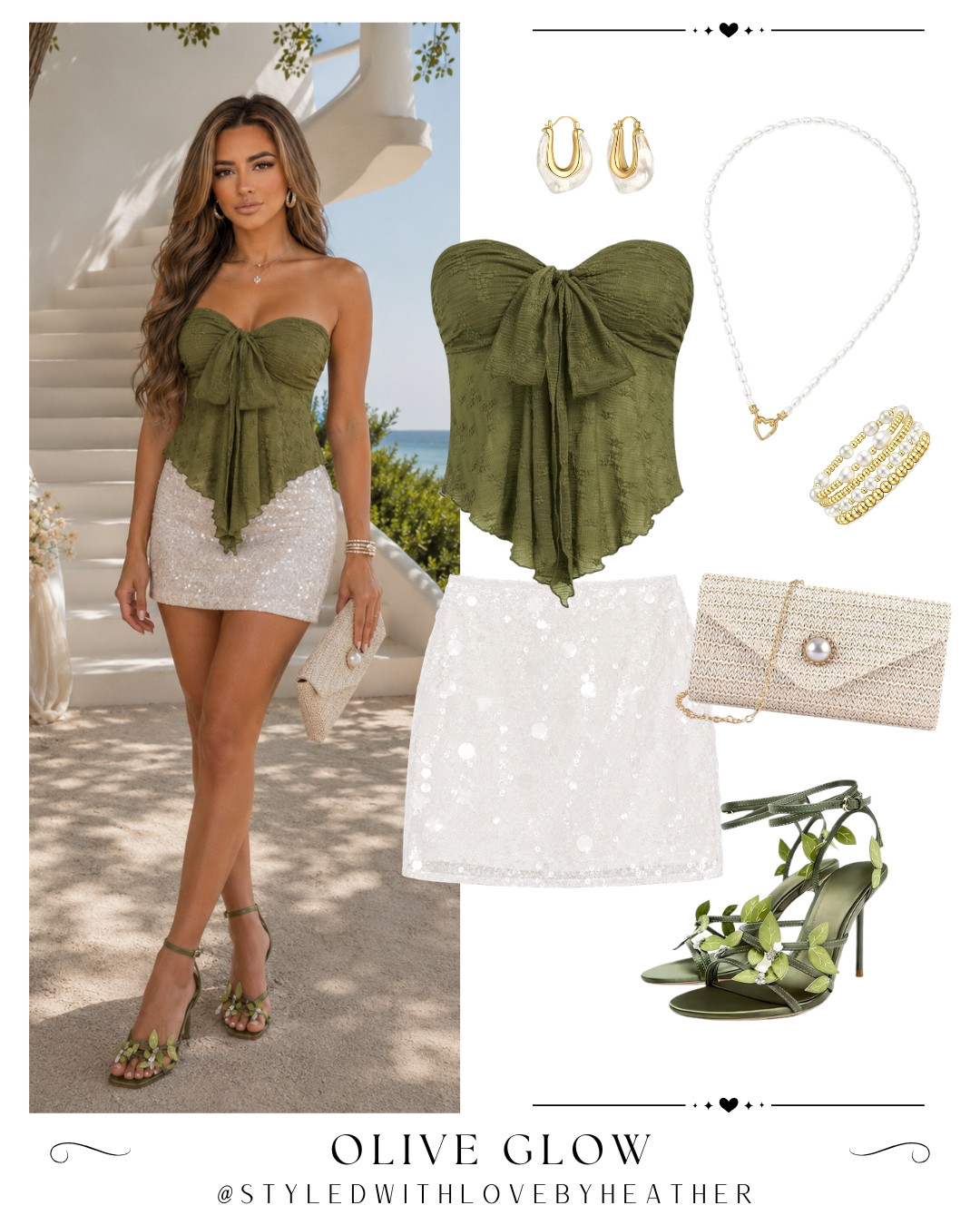 Olive green is one of those colors that instantly makes an outfit look elevated. The textured bow top paired with the sparkling white sequin mini creates the perfect mix of soft and sophisticated, while the statement leaf heels add a unique, luxe finishing touch. If you're looking for elegant summer outfit inspiration with trending olive green styling, this one is a favorite. Shop the entire look now on my LTK. 

 