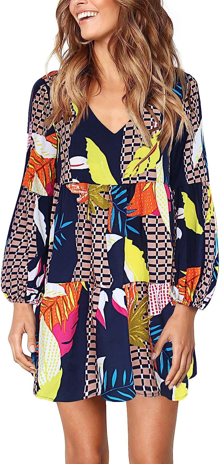 Amoretu Women Summer Tunic Dress V Neck Casual Loose Flowy Swing Shift Dresses | Amazon (US)