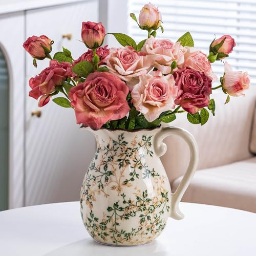 Green and White Vintage Vase with Handle, Chinoiserie Floral Pitcher Vase, Rustic Ceramic Farmhouse Vases for Home Decor, Living Room, Bookshelf, Office, Grand Millennial Decor, Tuscan Decor 7.9 Inch | Amazon (US)