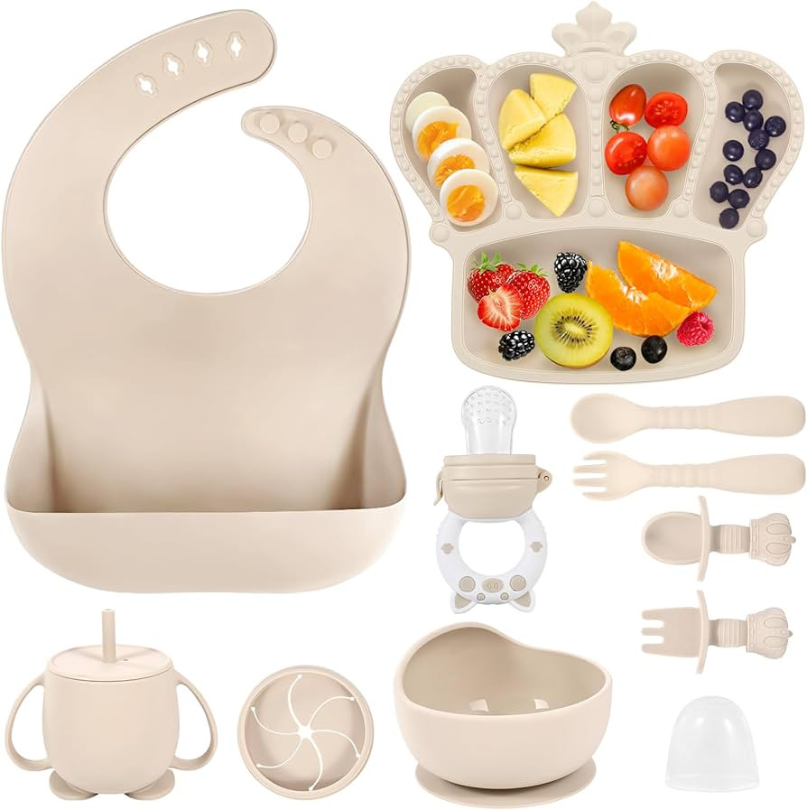Silicone Baby Feeding Set, 10 Pcs Baby Led Weaning Supplies Suction Bowl Divided Plate Baby Bibs ... | Amazon (US)