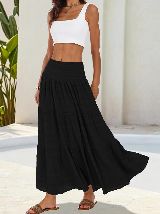 ELLEVEN Women's Boho Long Maxi Skirts Lightweight Flowy Summer Vacation Outfits with Elastic Wais... | Amazon (US)