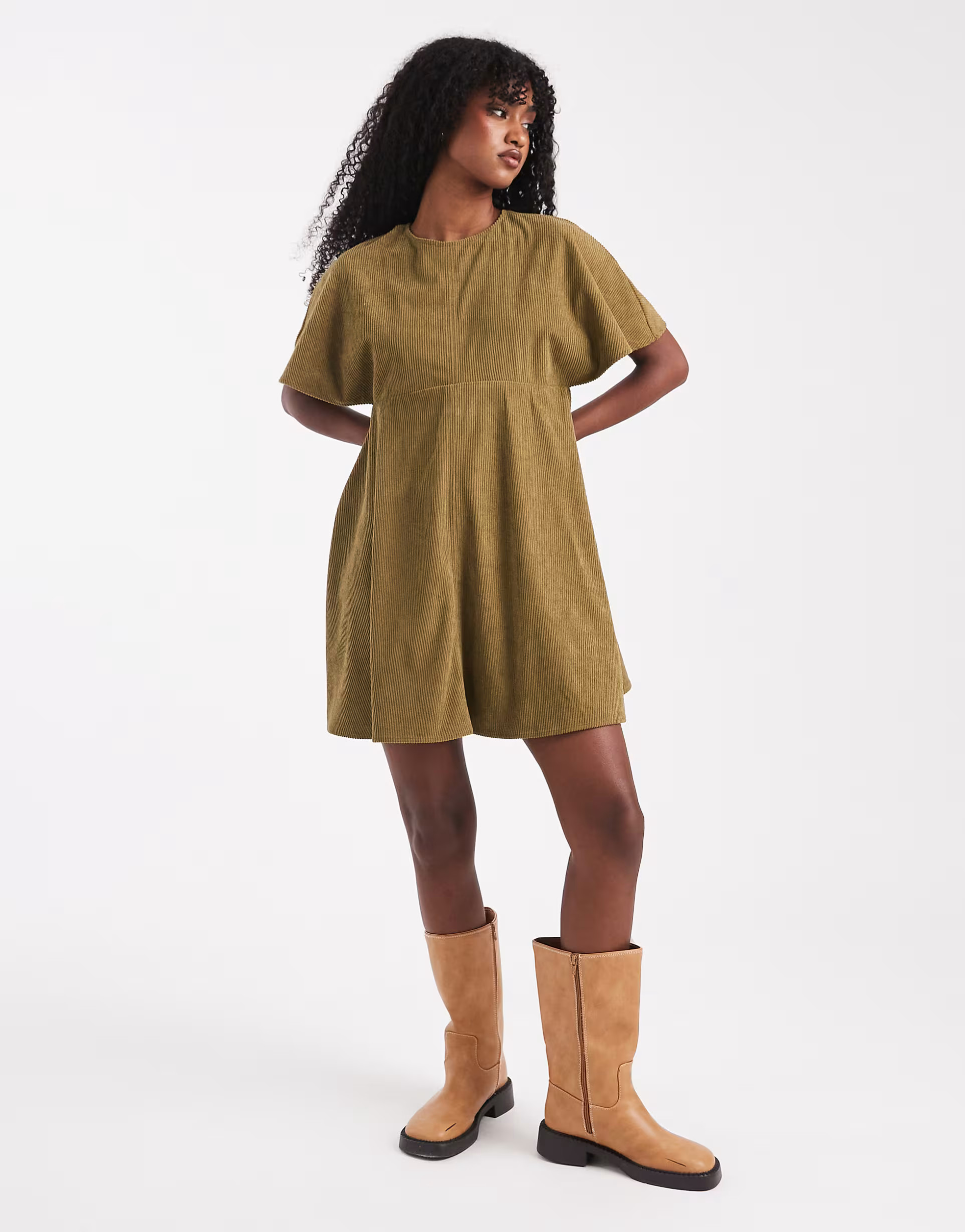 ASOS DESIGN cord t-shirt mini dress with stitching detail in olive | ASOS (Global)