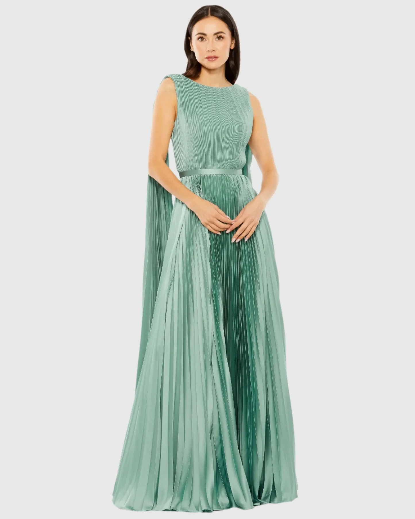 Green Sleeveless High Neck Cape Back Heat Pleated Gown - Mac Duggal | Mac Duggal