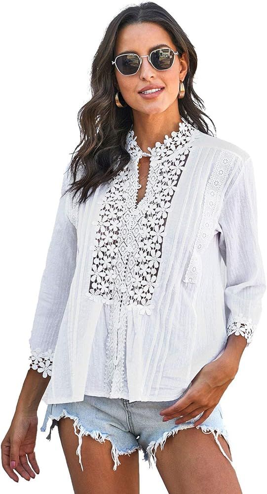 Women Crochet Lace Deep V Neck Bell Sleeve Button Down Shirts Casual Solid Color Vintage Folds Bo... | Amazon (US)