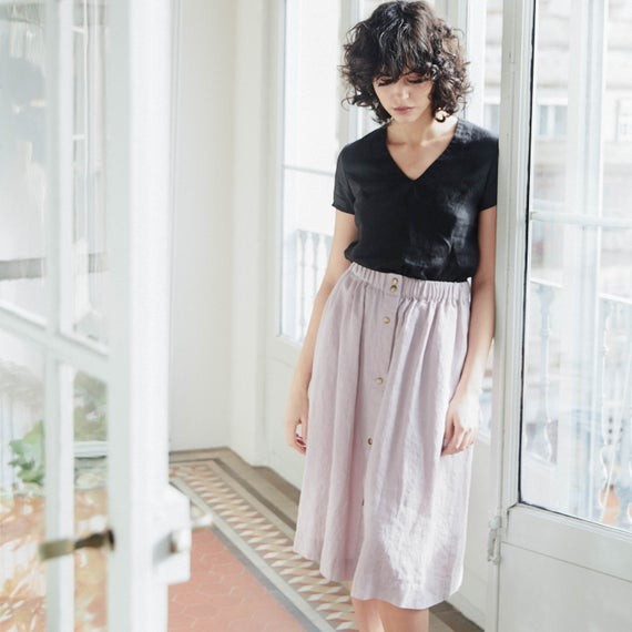 Linen skirt MARSEILLE with front brass snaps / A - line washed linen skirt / Midi linen skirt availa | Etsy (US)