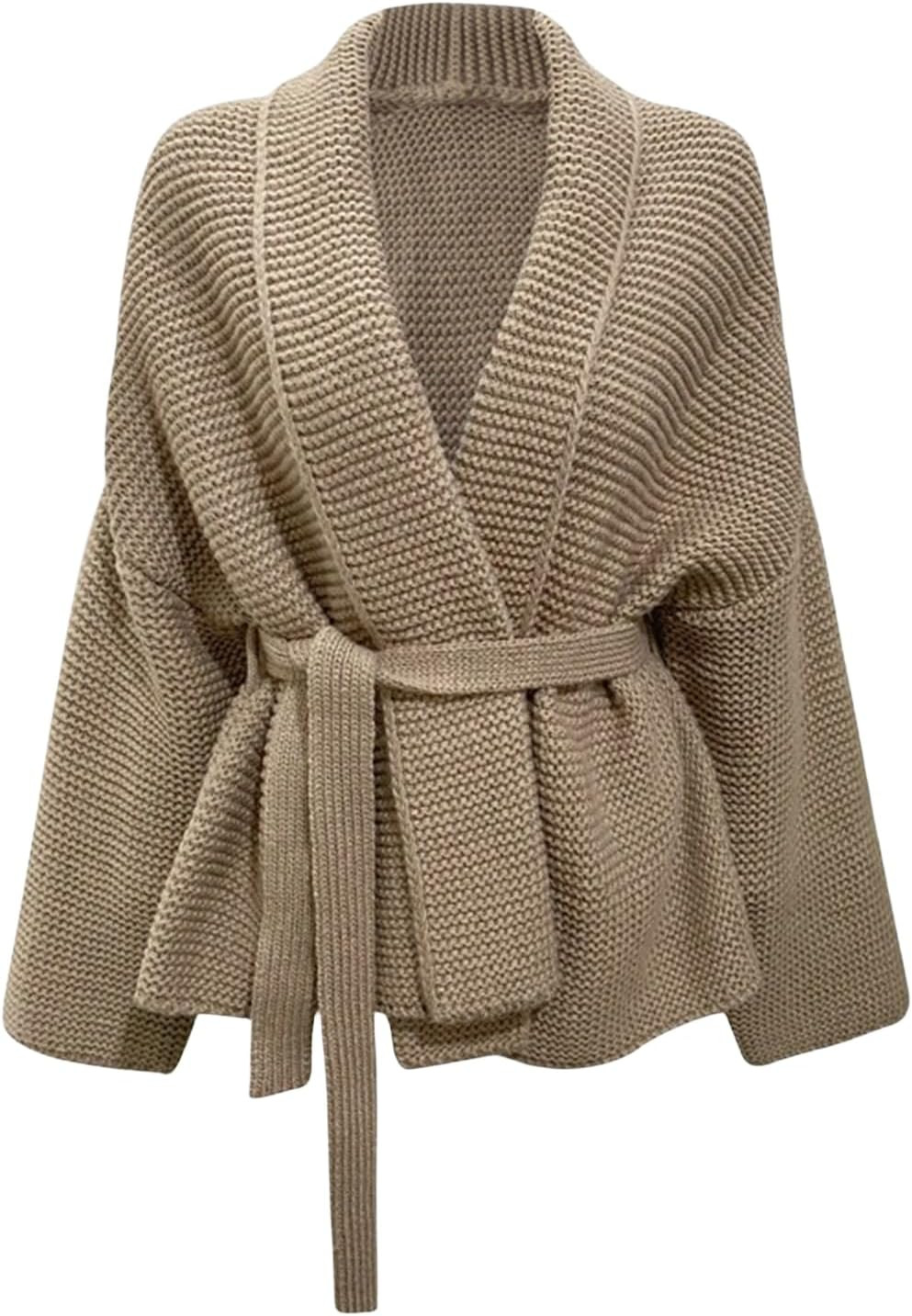 Casual Cardigan Sweaters for Women 2023 Trendy Open Front Chunky Cable Knitted Coat Long Sleeve Outerwear with Belt | Amazon (US)