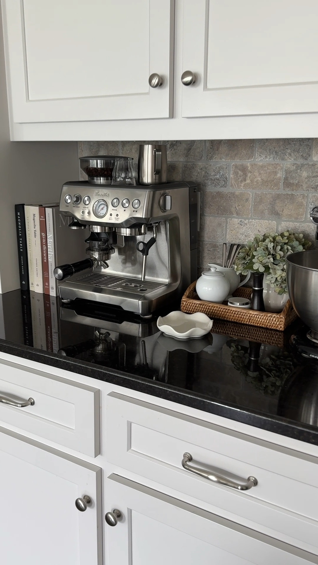 Pretty and functional coffee bar ☕️ Breville espresso machine, cookbooks, rattan tray, sugar and creamer set, coffee spoons, spoon rest, hydrangeas 

#LTKStyleTip #LTKHome #LTKFindsUnder50