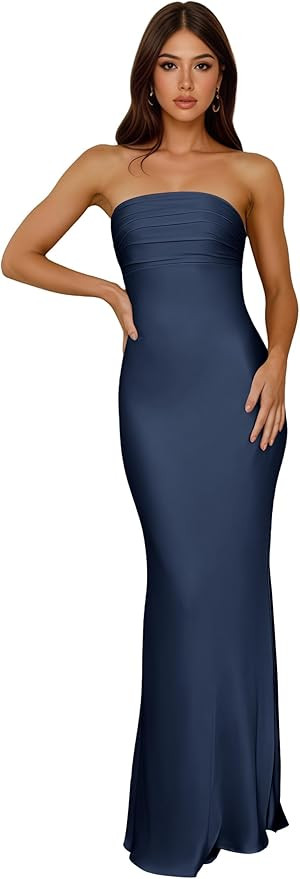 Satin Strapless Ruched Bridesmaid Dresses for Women 2026 Mermaid Long Formal Evening Gown | Amazon (US)
