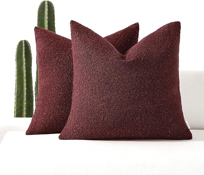 Boucle Decorative Throw Pillow Covers for Couch Set of 2, 22x22 inches, Burgundy | Amazon (US)