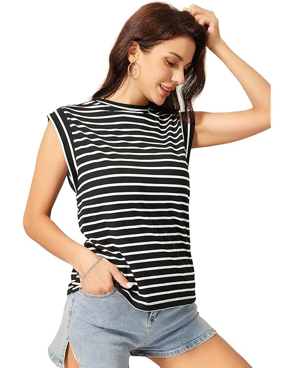 Milumia Women Casual Striped Crew Neck Tee Tops Batwing Cap Sleeve T Shirt | Amazon (US)