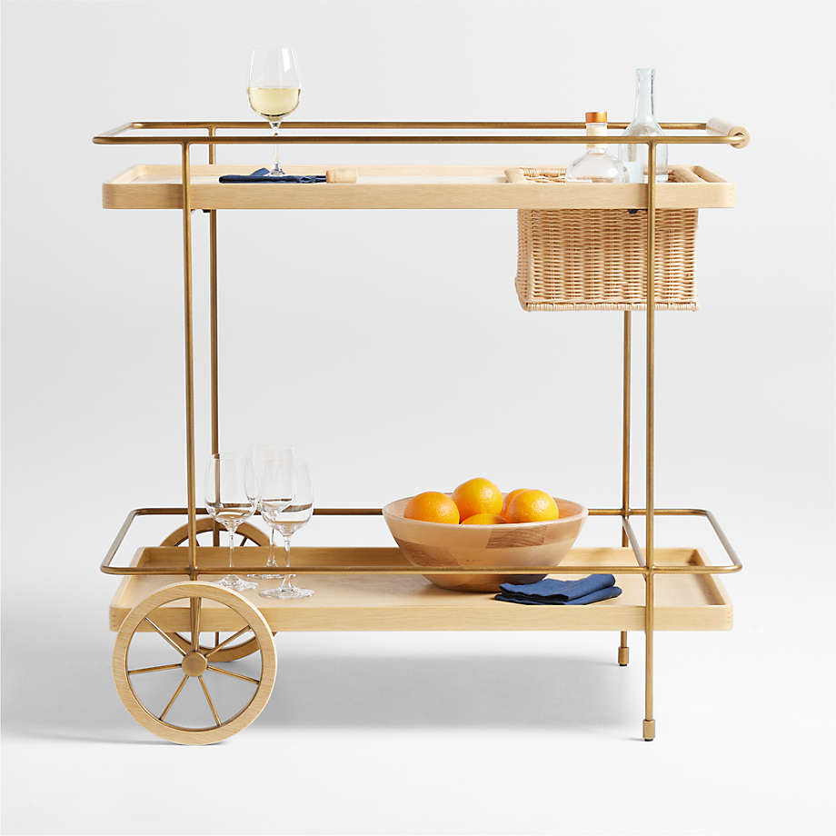 Wicker Park Natural Oak Wood and Marble Bar Cart | Crate & Barrel | Crate & Barrel