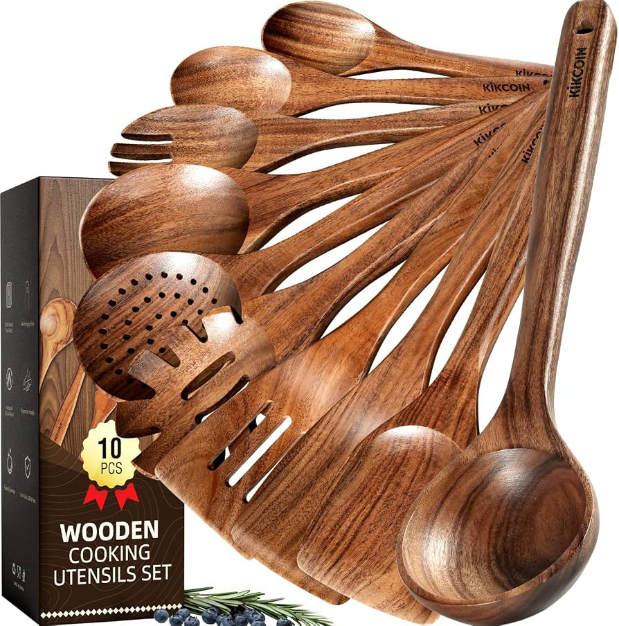 Kikcoin 10 PCS Durable Natural Teak Wooden Cooking Utensil Set, Non Toxic Wooden Spoons for Cooki... | Amazon (US)