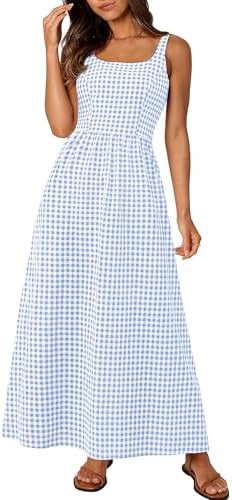PRETTYGARDEN Women's 2026 Summer Spaghetti Strap Maxi Dresses Plaid Square Neck A Line Casual Bea... | Amazon (US)