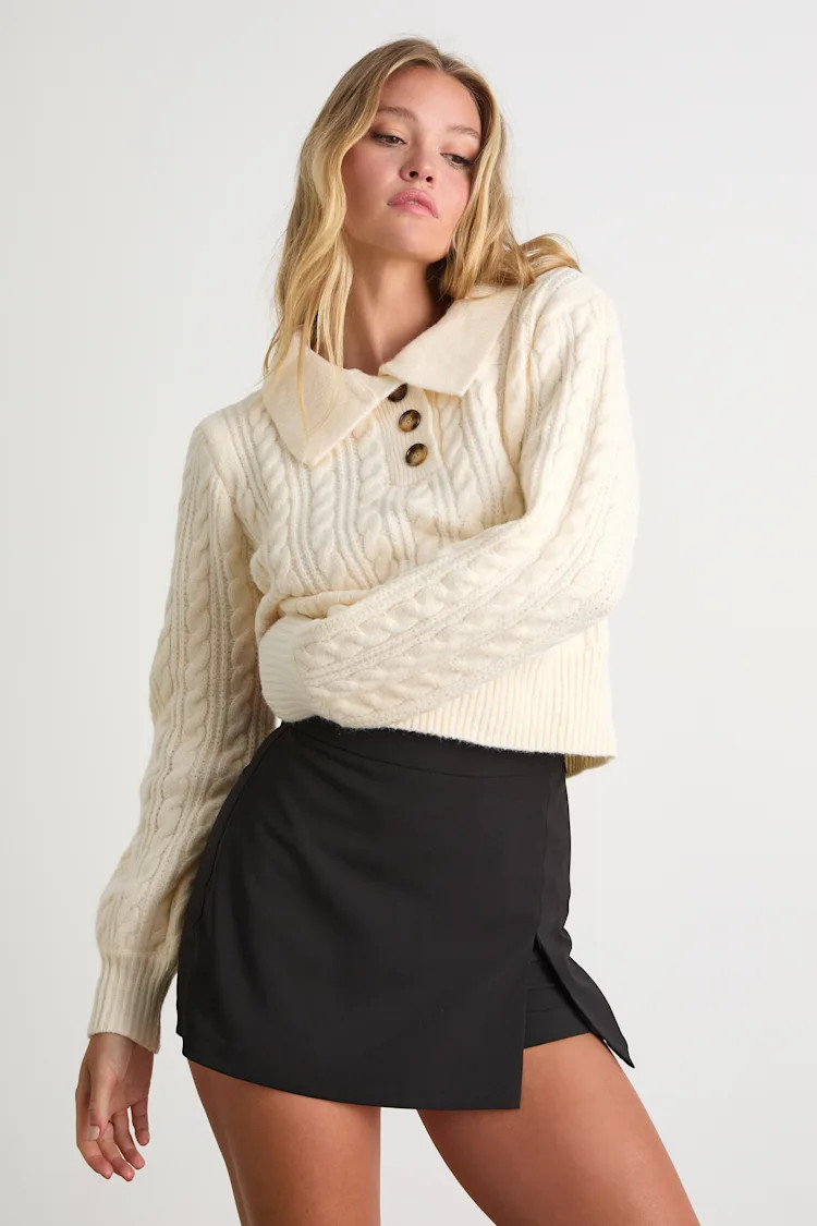 Cozy Agenda Cream Collared Cable Knit Sweater | Lulus