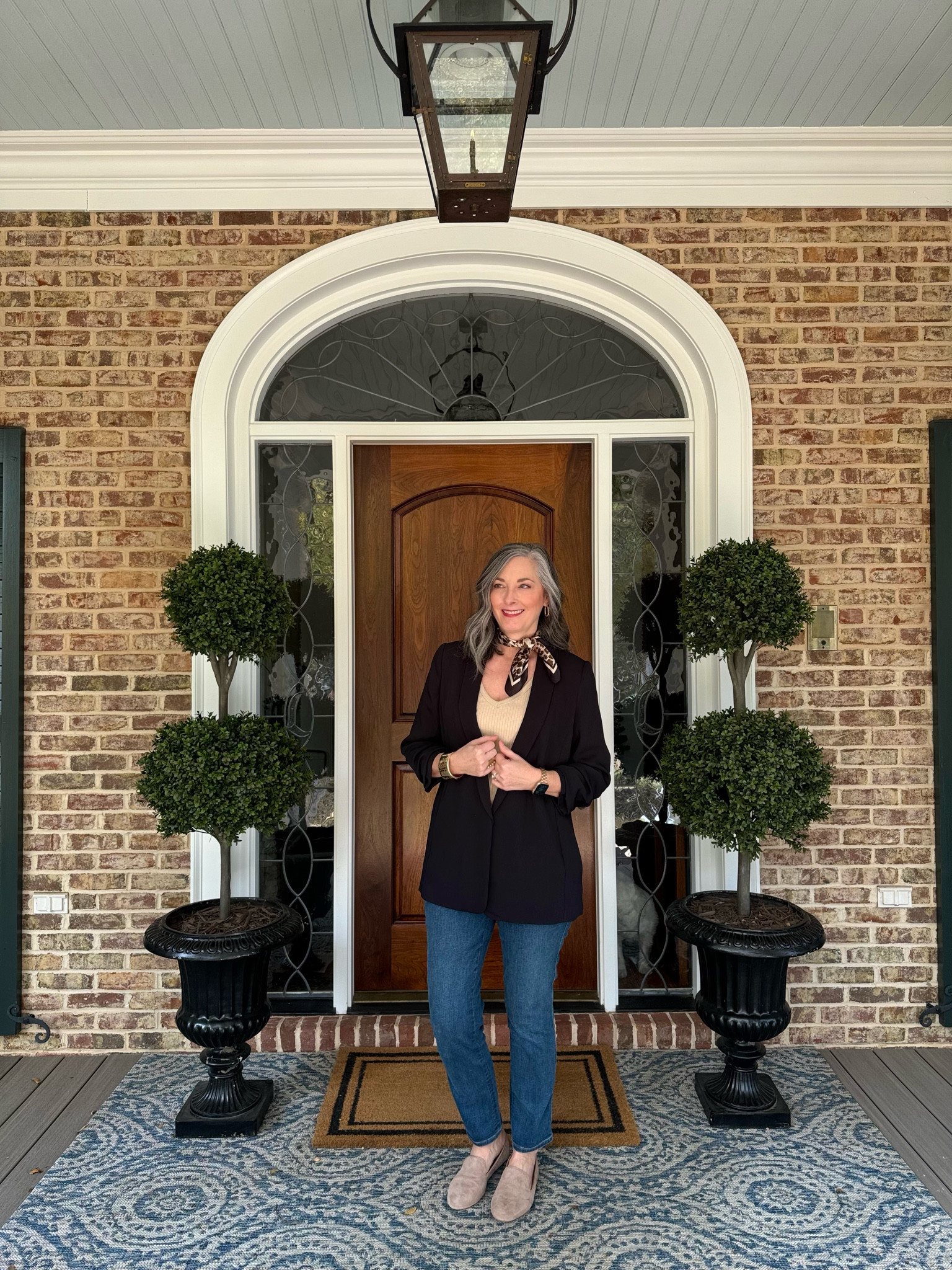 I wear this blazer all the time! Chico’s knows how to do jackets! This Amazon scarf has gotten a lot of use this fall from around my neck to tied to bags. I like a .5 in Chico’s jackets. This one did not come in a .5. The 1 was fine based on the fit. 
Blazer: Size 1
Tank: Size small
Jeans: Size .5 Chico’s
Birdies Flats: true size 8

#lovechicos #chicos #classicstyle 

#LTKSeasonal #LTKover40 #LTKstyletip