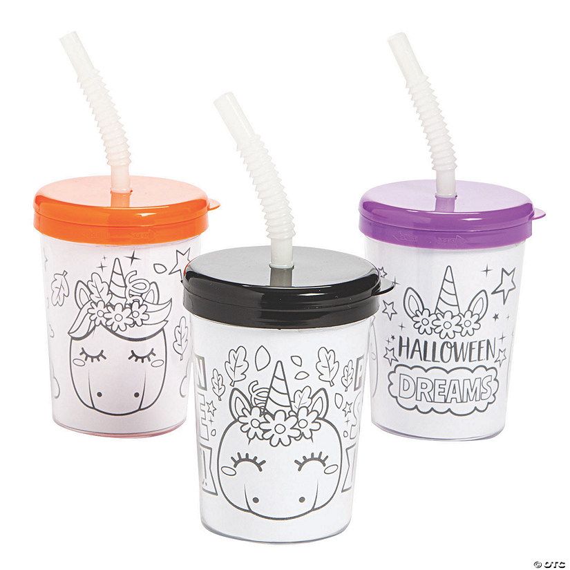 Color Your Own Halloween Unicorn Pumpkin BPA-Free Plastic Cups with Lids & Straws - 12 Ct. | Oriental Trading Company