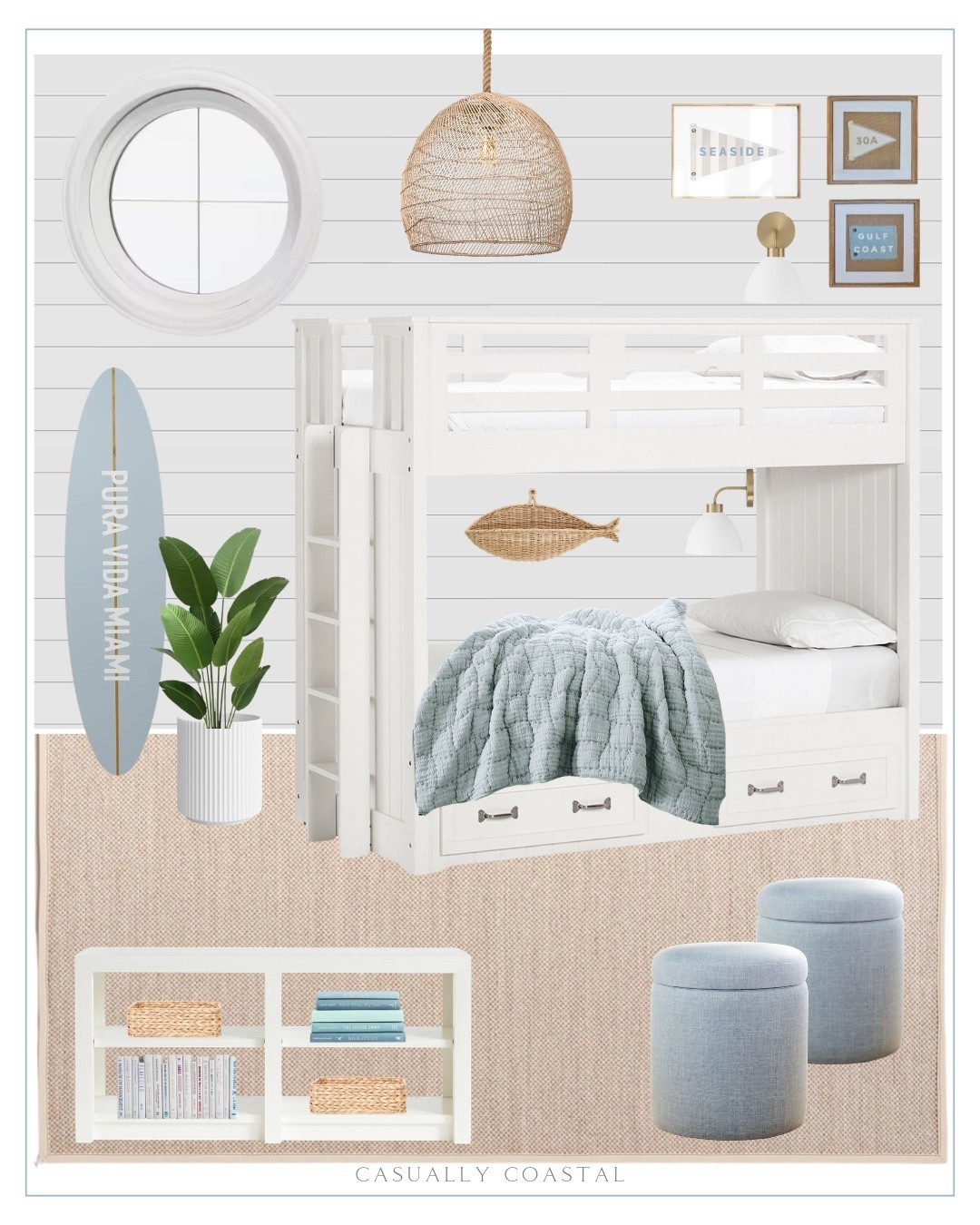 Coastal Bunk Room Design

Beach house bunk room, coastal home, coastal style, coastal rug, neutral, coastal bed, 30A beach house vibe, twin-over-twin bunk bed, triple pane insulated glass round vinyl geo picture, brushed brass and white sconce, pottery barn bedding, coastal quilt, cloud quilt, round storage ottoman, rattan woven pendant, wayfair rug, bedroom rug, surfboard wall art decor, bird of paradise in pot, round planter, vintage inspired 30A mini pennant flag, Florida pennant, seaside pennant print, fish wicker wall basket, low bookcase, water hyacinth storage basket, rattan pendant

#LTKHome