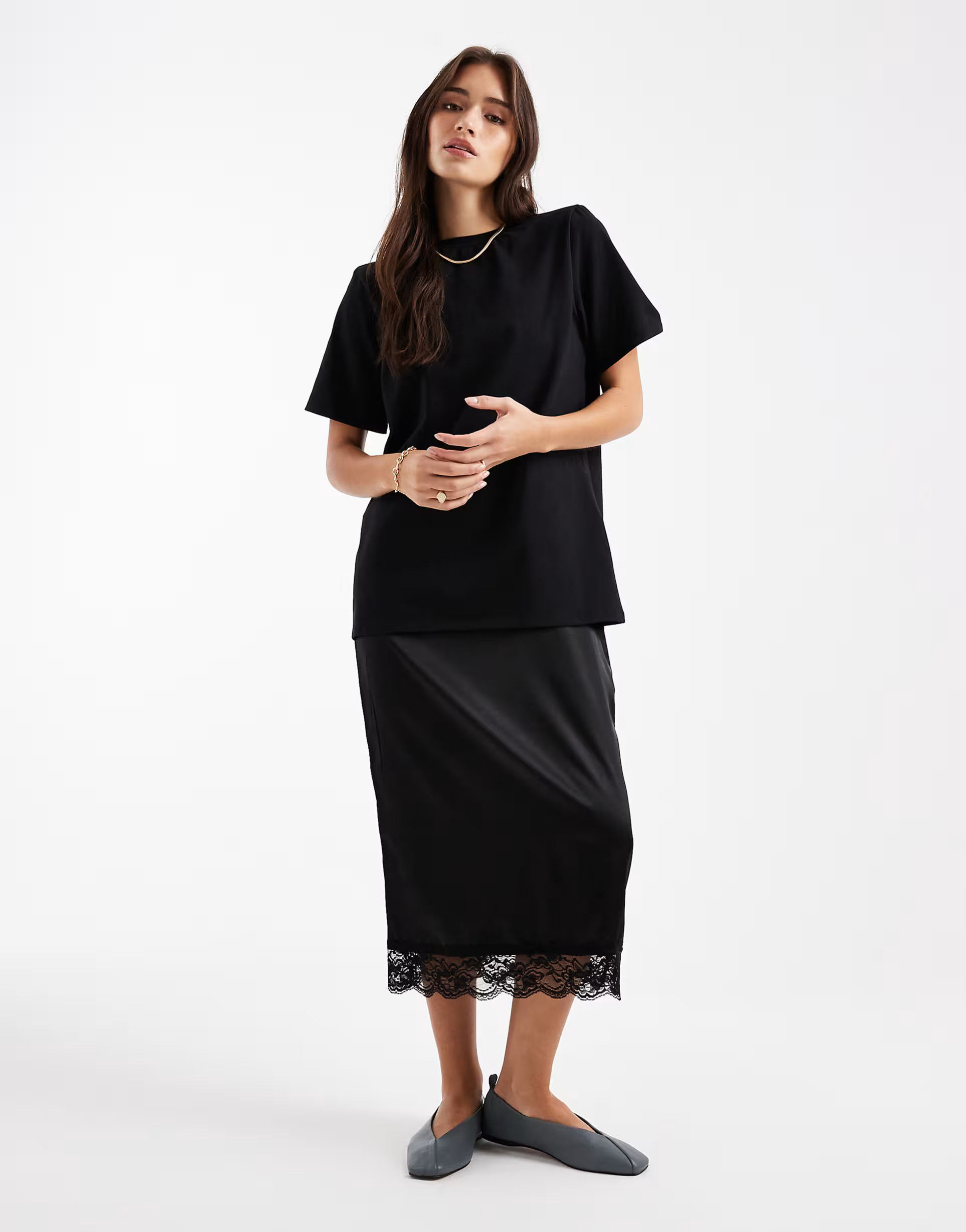 ASOS DESIGN hybrid T-shirt midi dress with lace satin skirt in black | ASOS (Global)