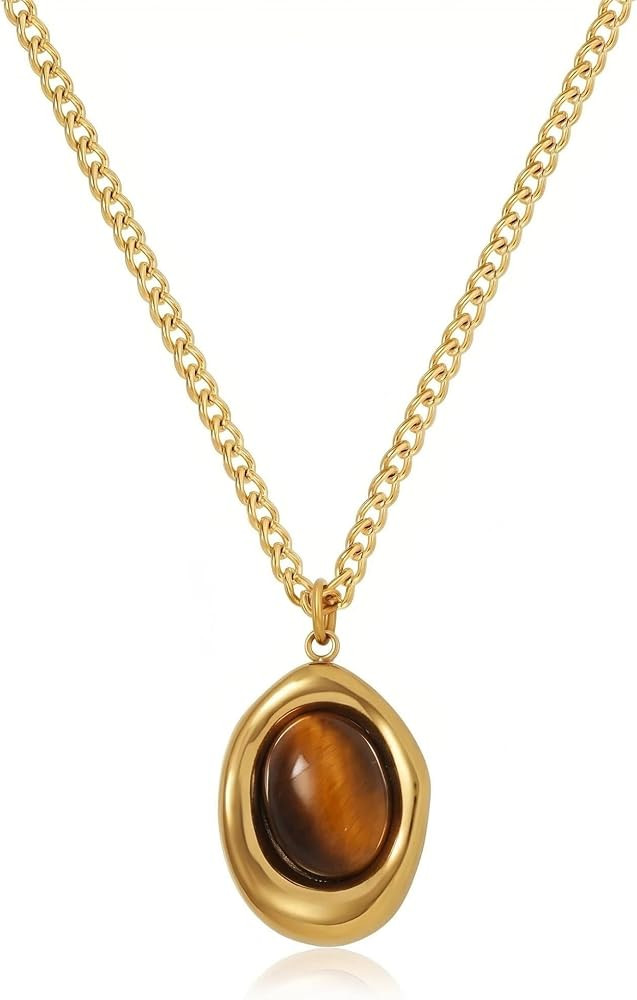 Tiger Eye Necklace, 14K Gold Natural Stone Pendant Necklaces for Women, Chunky Gemstone Dangle Vi... | Amazon (US)
